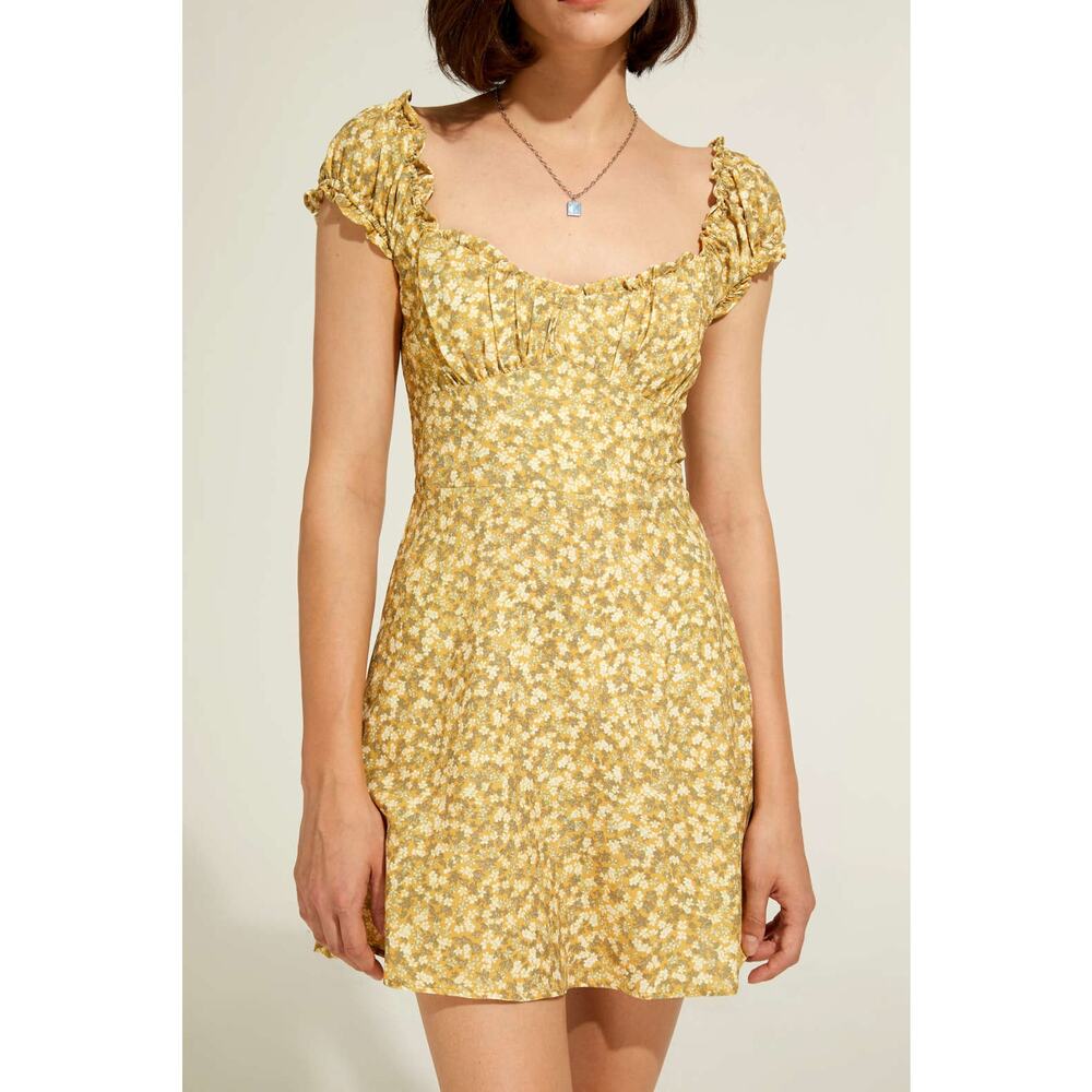 ZARA Yellow Ditsy Floral Linen Blend Smocked Mini Dress Size Small